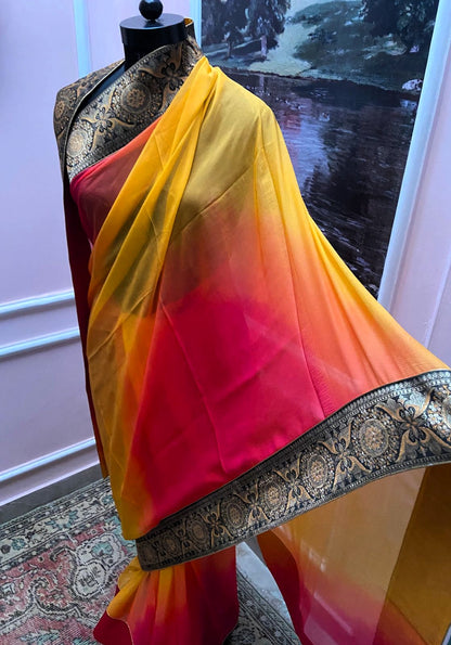 Yellow Rani Shaded Antique Border Saree