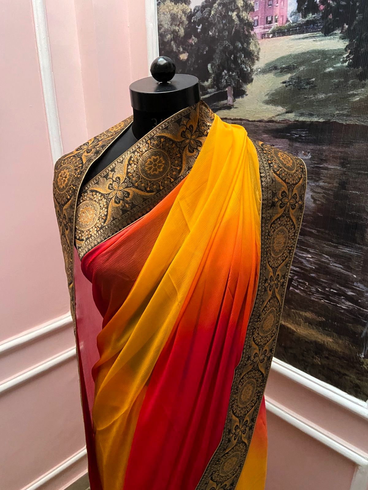 Yellow Rani Shaded Antique Border Saree