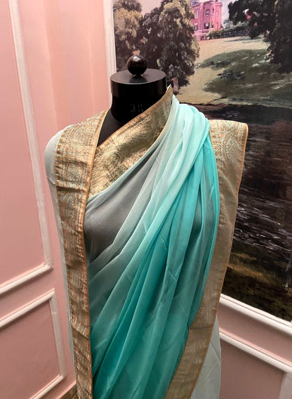 Sea Green Ombre printed Antique Border Saree