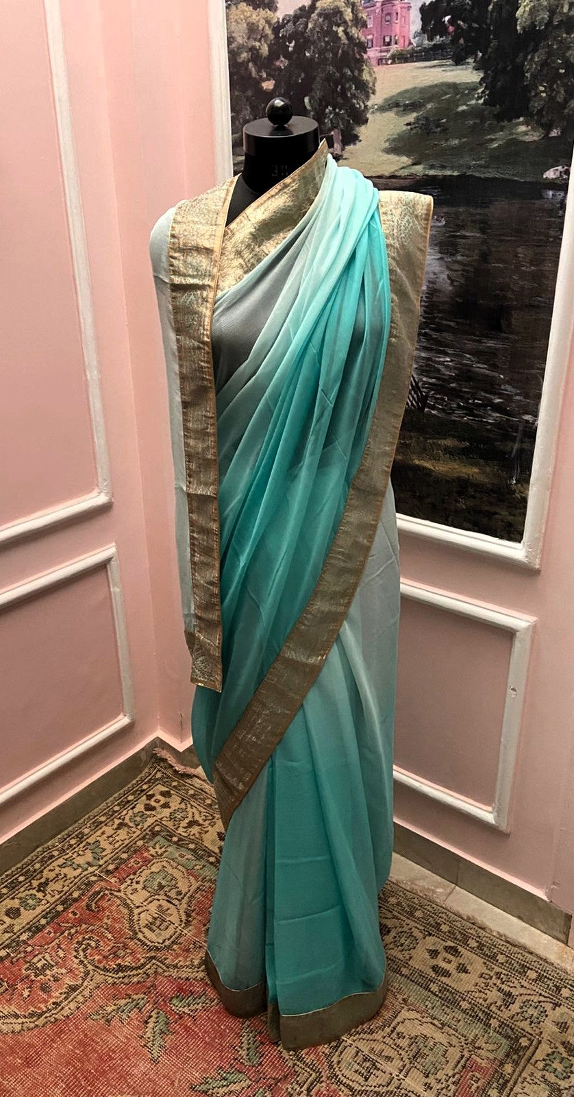 Sea Green Ombre printed Antique Border Saree