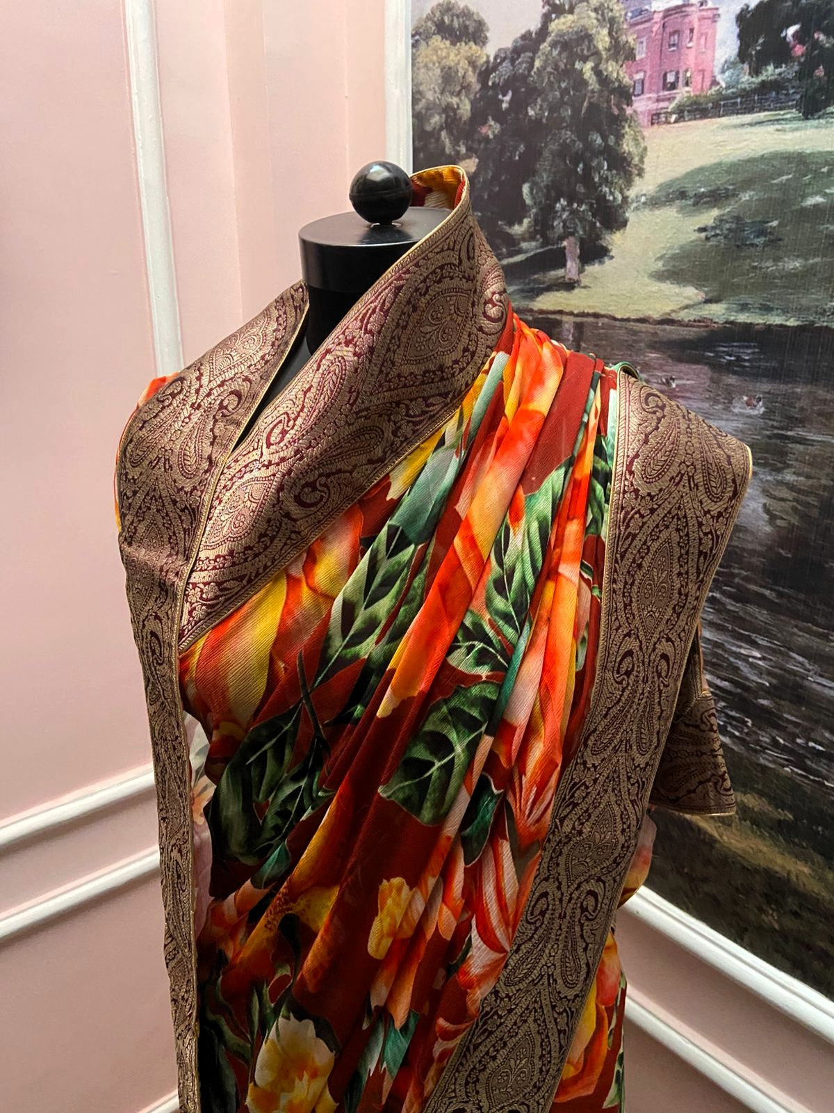 Red Pastel Printed Antique Border Saree