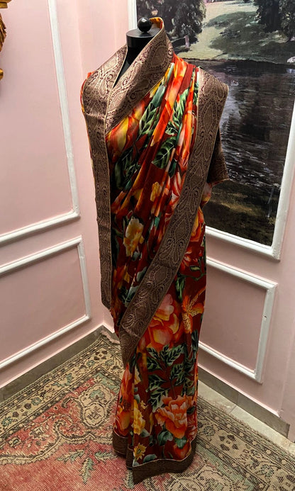 Red Pastel Printed Antique Border Saree