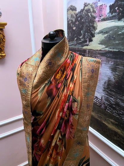 Peach Floral Printed Antique Border Saree