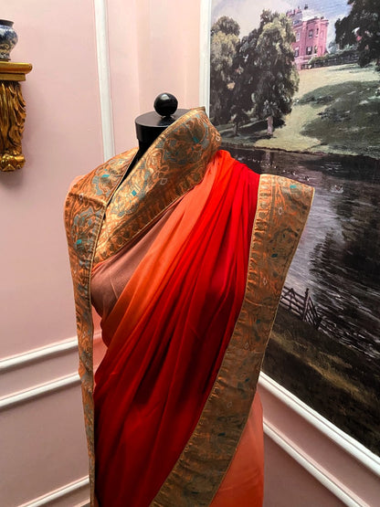 Red Orange Shaded Antique Border Saree