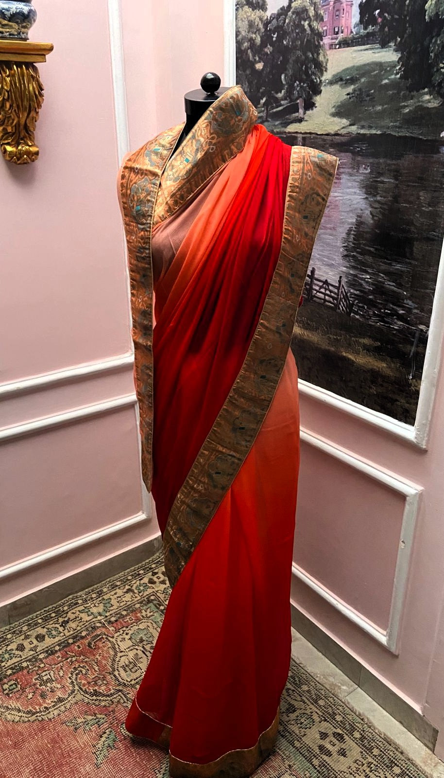 Red Orange Shaded Antique Border Saree
