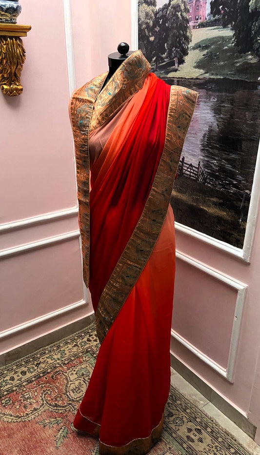 Red Orange Shaded Antique Border Saree