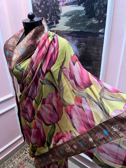 Yellow Floral Printed Antique Border Saree