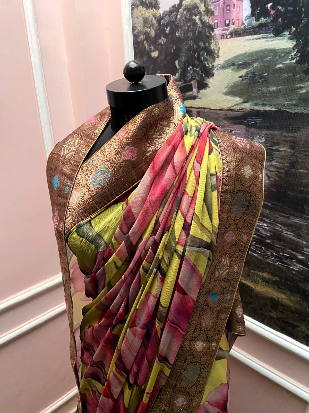 Yellow Floral Printed Antique Border Saree