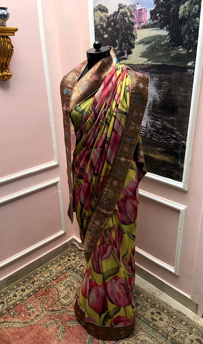 Yellow Floral Printed Antique Border Saree