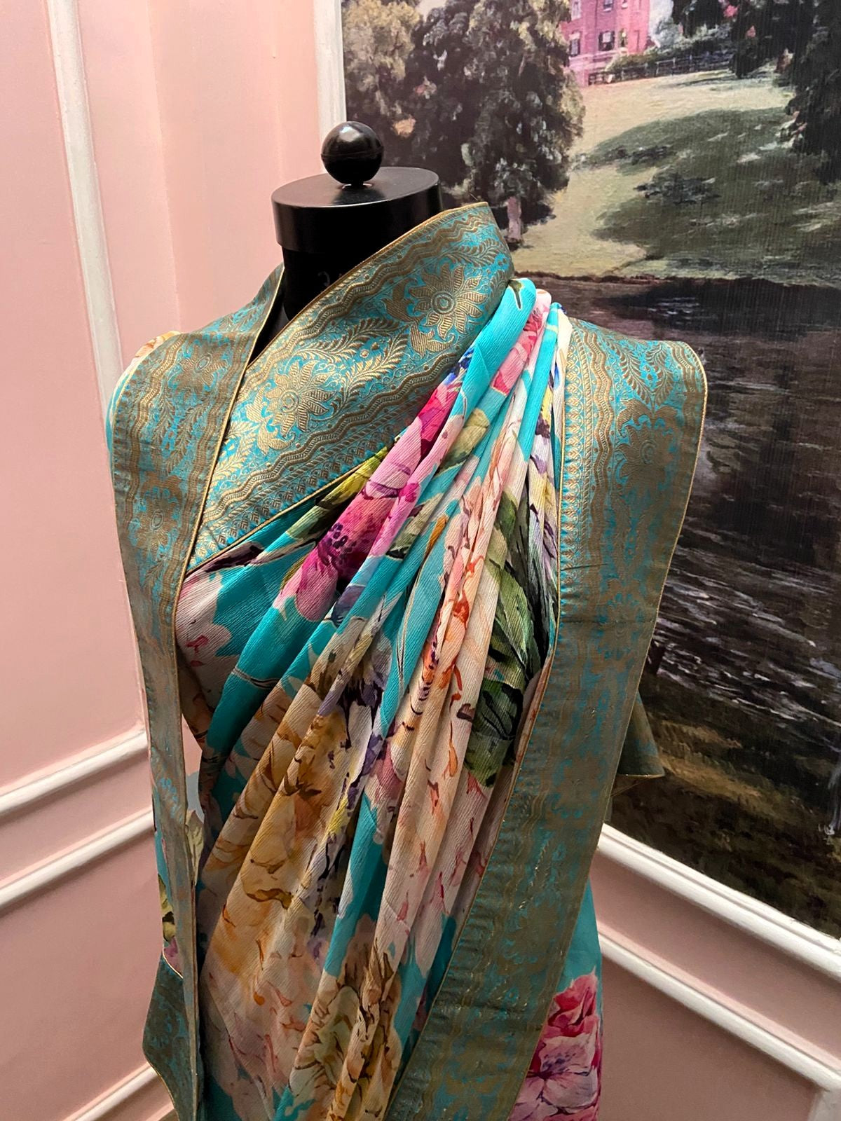 Turquoise Floral Printed Antique Border Saree