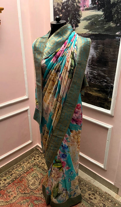 Turquoise Floral Printed Antique Border Saree