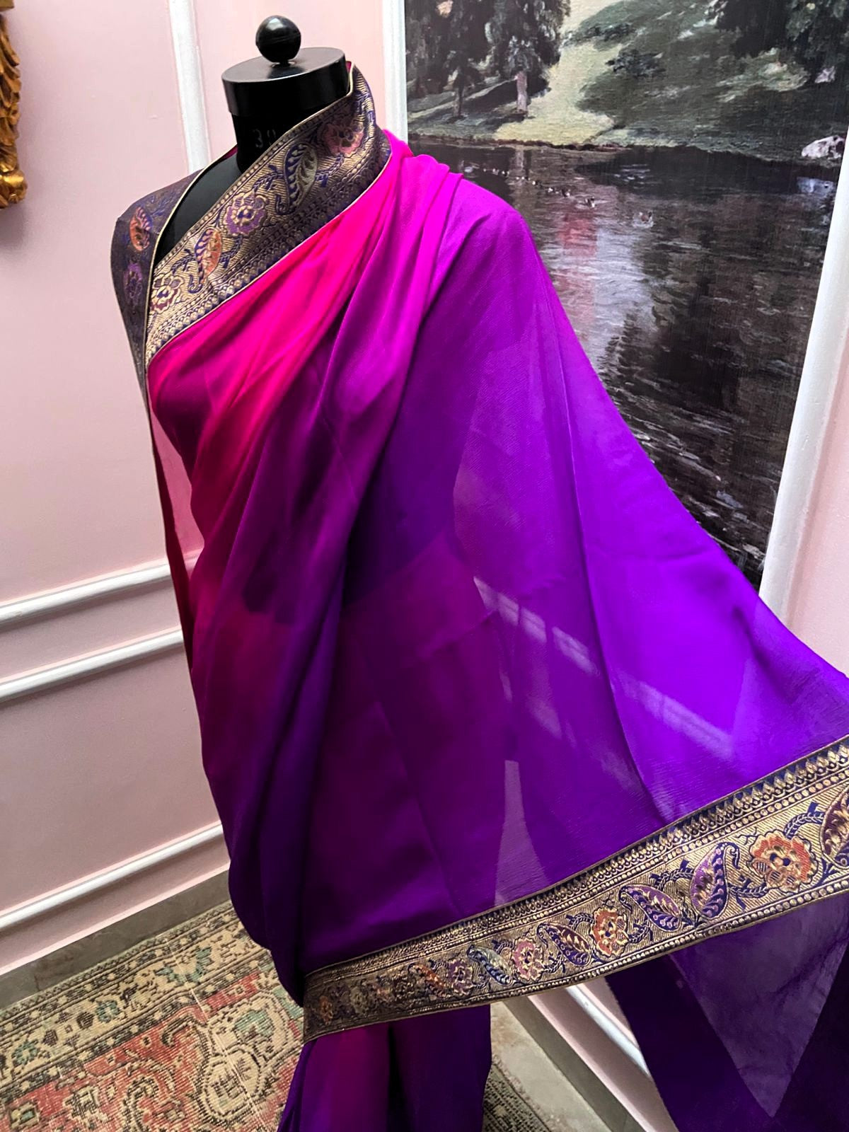 Rani to Purple Shaded Antique Border Saree