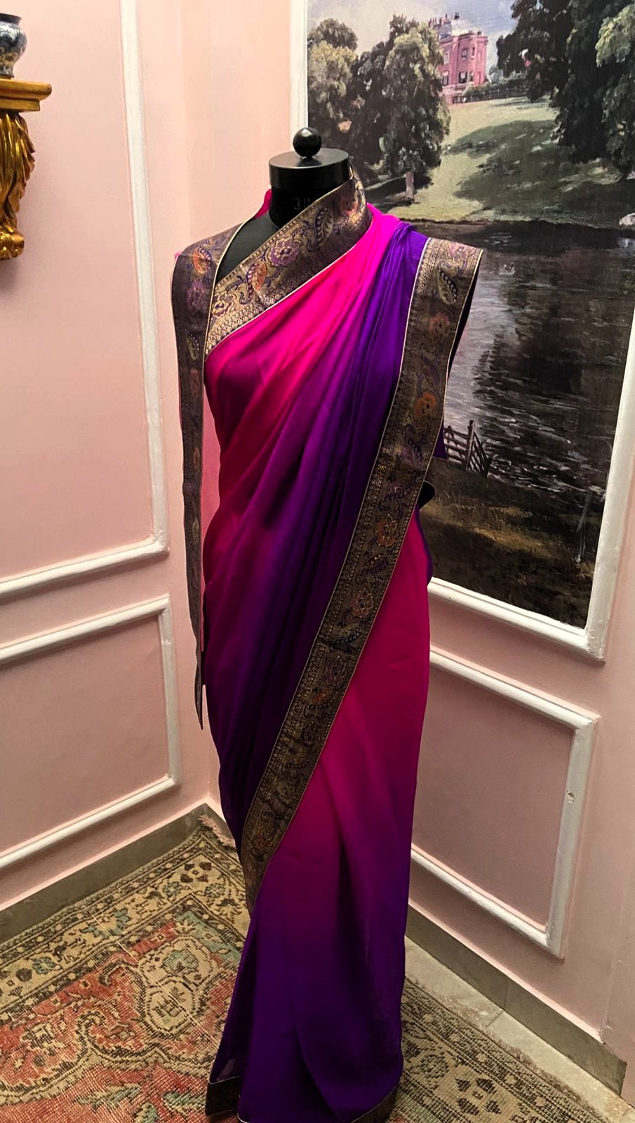 Rani to Purple Shaded Antique Border Saree
