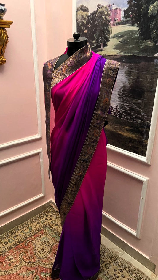 Rani to Purple Shaded Antique Border Saree