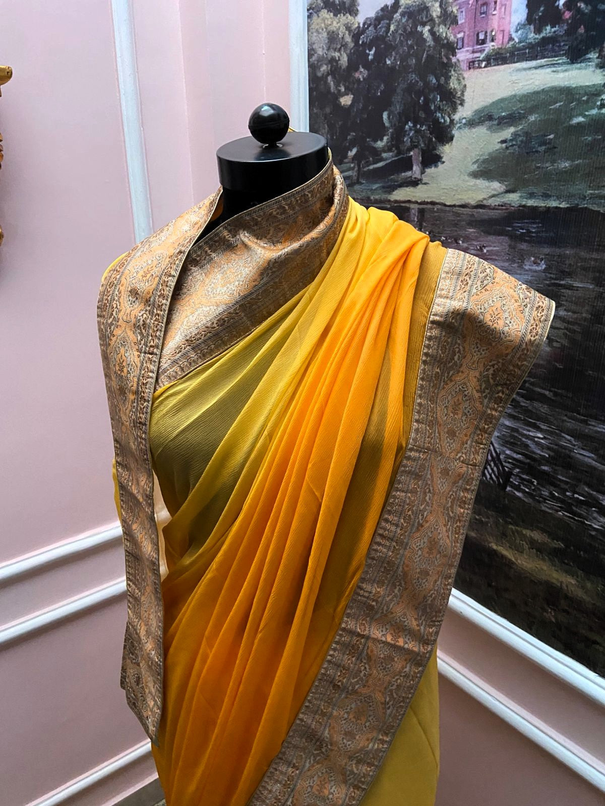 Yellow Ombre Antique Border Saree