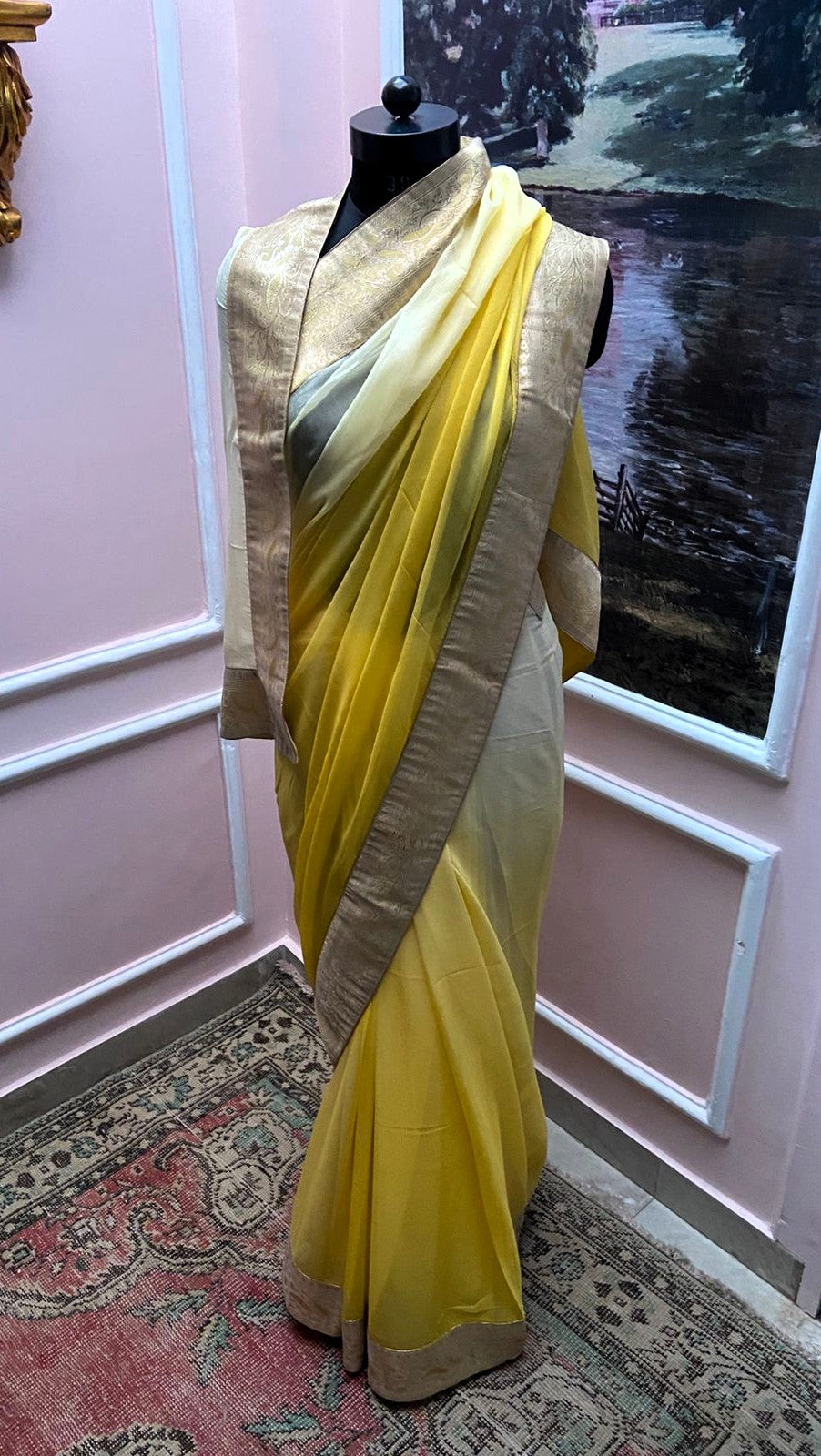 Lime Yellow Ombre Antique Border Saree