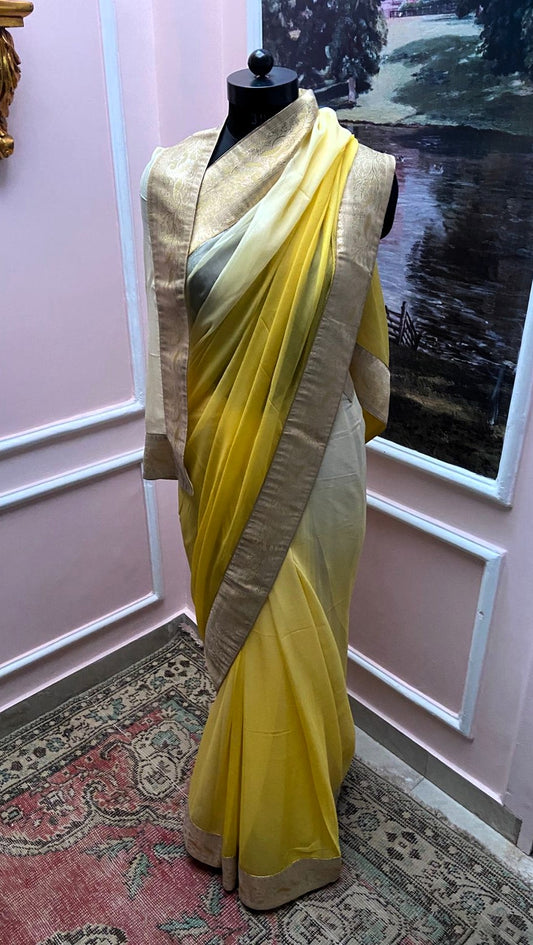 Lime Yellow Ombre Antique Border Saree