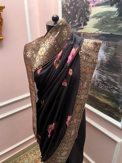 Black Charlotte Floral Printed Antique Border Saree
