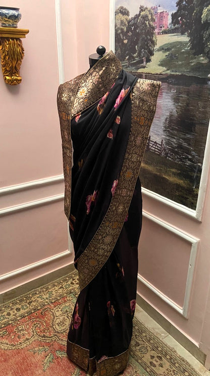 Black Charlotte Floral Printed Antique Border Saree