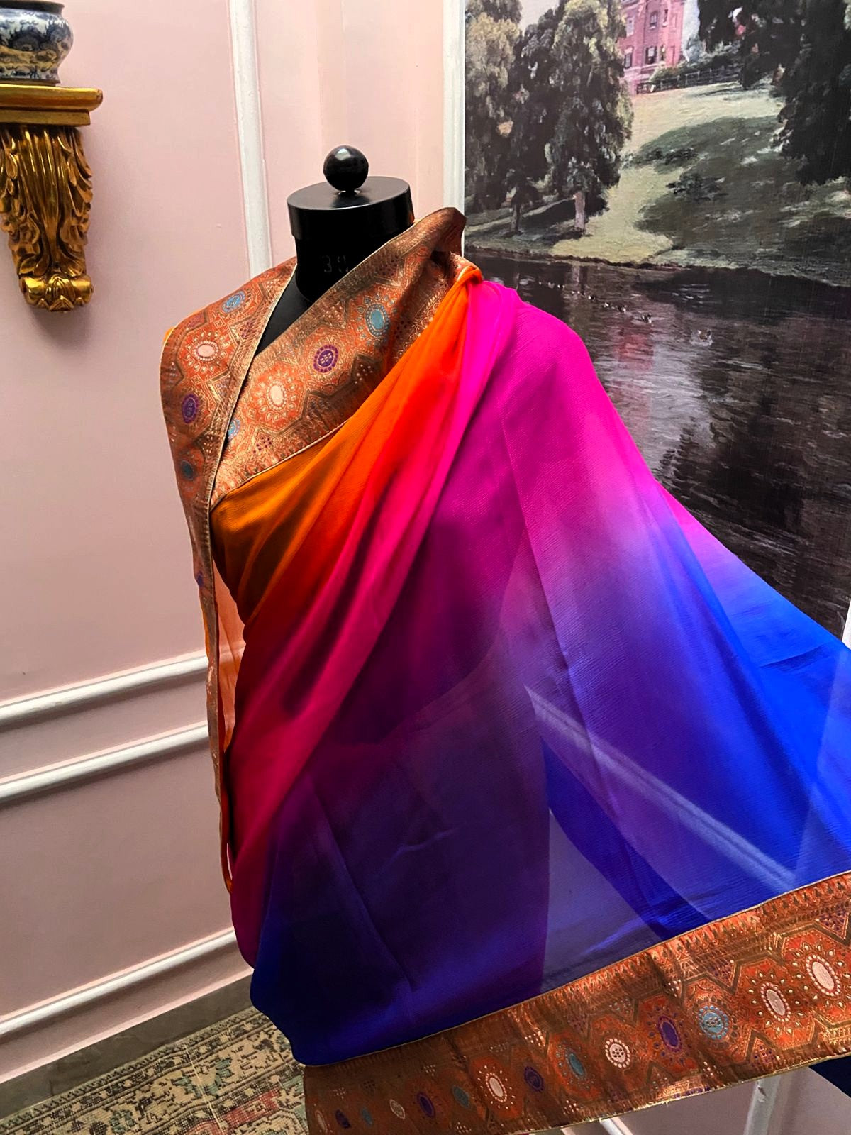 Orange To Blue Shaded Antique Border Saree