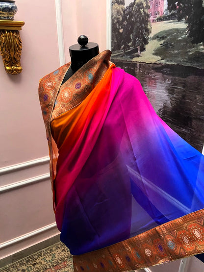 Orange To Blue Shaded Antique Border Saree