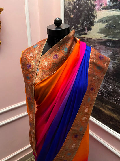 Orange To Blue Shaded Antique Border Saree