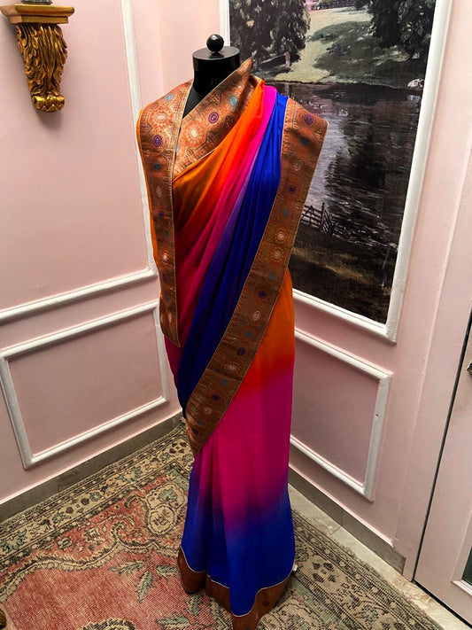 Orange To Blue Shaded Antique Border Saree