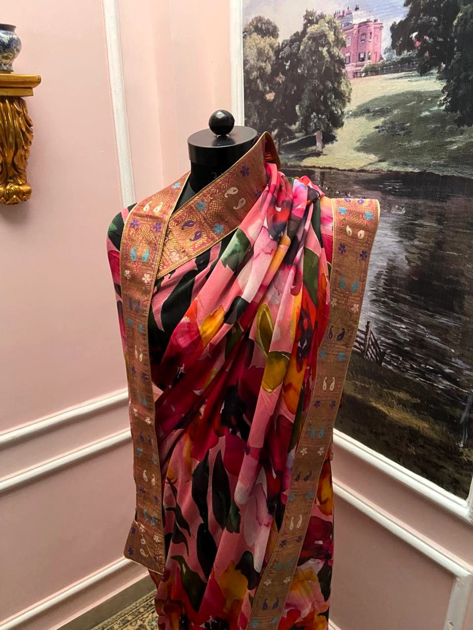 Carrot Pink Floral Printed Antique Border Saree