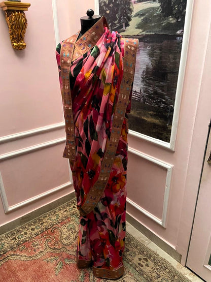 Carrot Pink Floral Printed Antique Border Saree