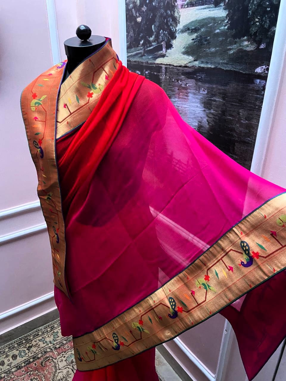 Red Rani Shaded Antique Border Saree