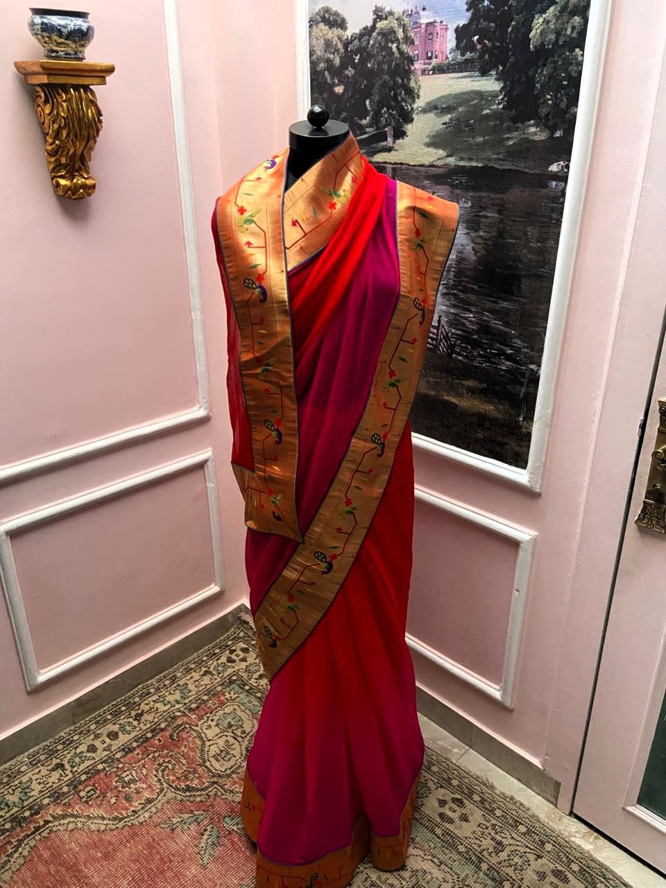 Red Rani Shaded Antique Border Saree