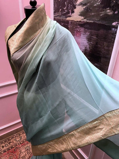 Aqua Blue Ombre Antique Border Saree