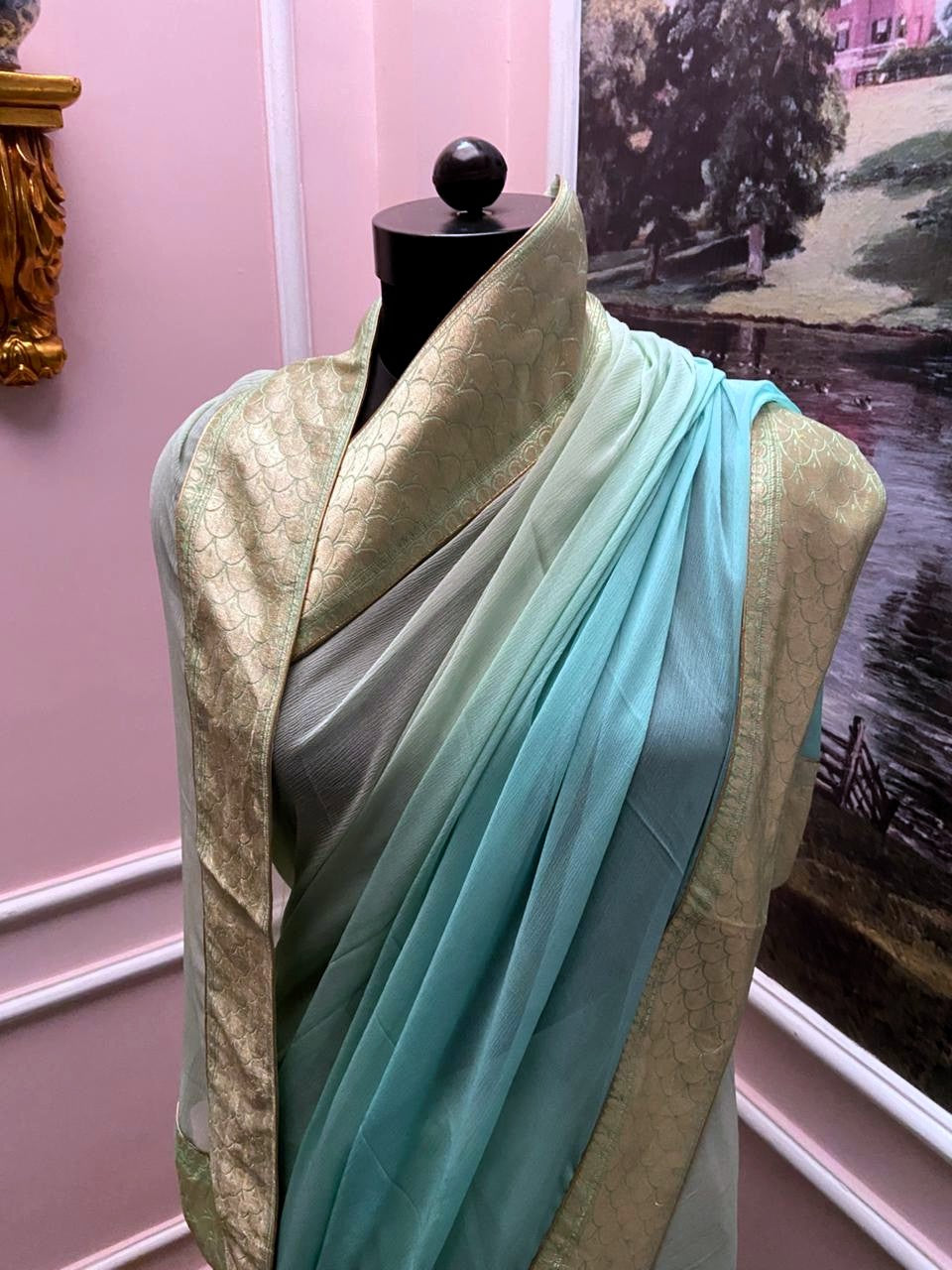 Aqua Blue Ombre Antique Border Saree