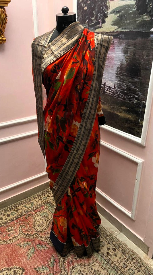 Red Floral Printed Antique Border Saree