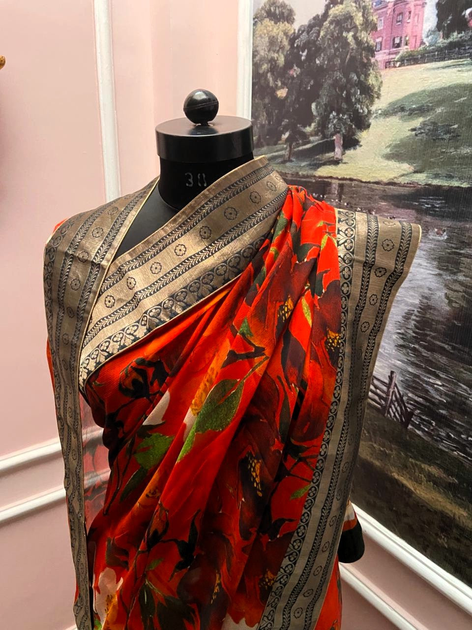 Red Floral Printed Antique Border Saree