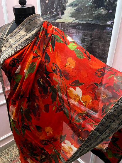 Red Floral Printed Antique Border Saree