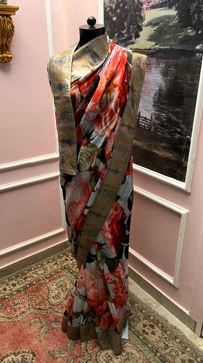 Powder blue floral Printed Antique Border Saree