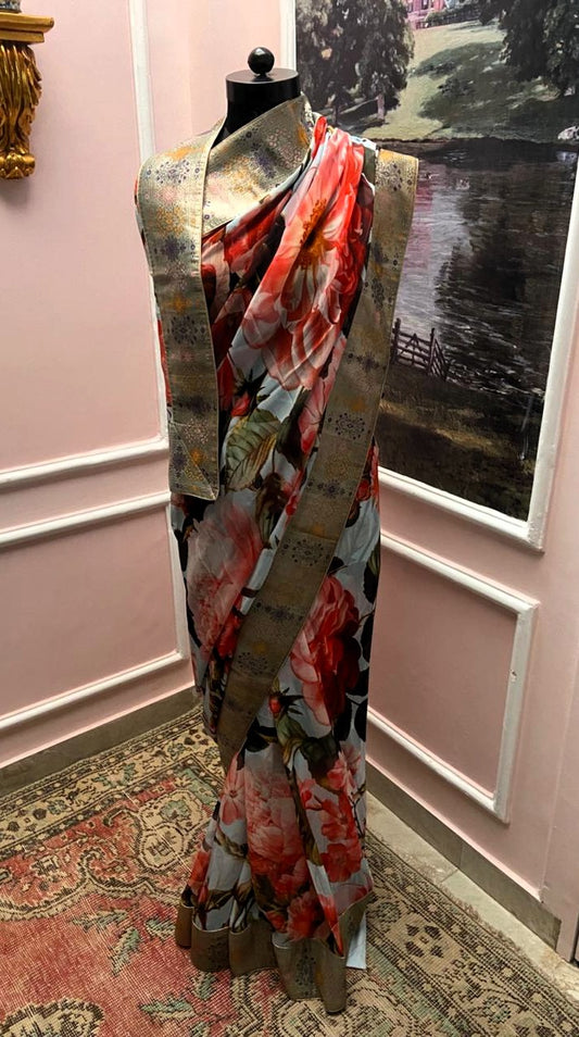 Powder blue floral Printed Antique Border Saree