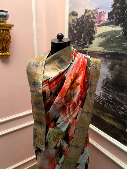 Powder blue floral Printed Antique Border Saree