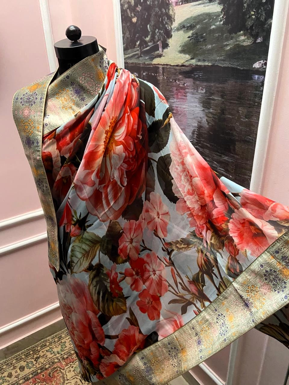 Powder blue floral Printed Antique Border Saree