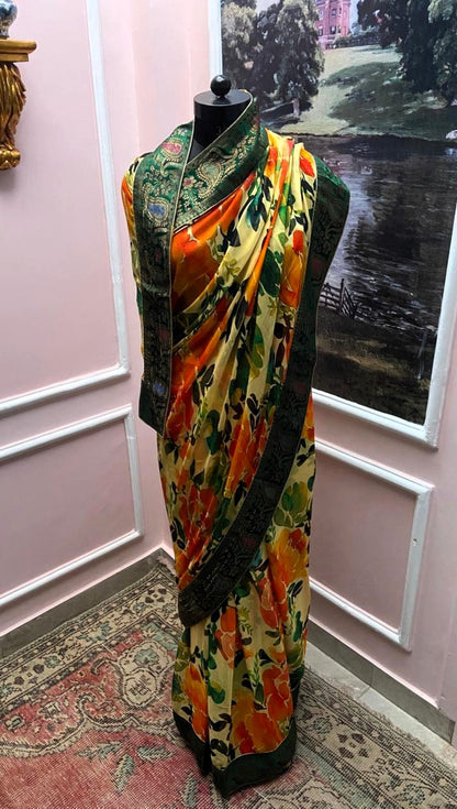 Floral Printed Antique Border Saree