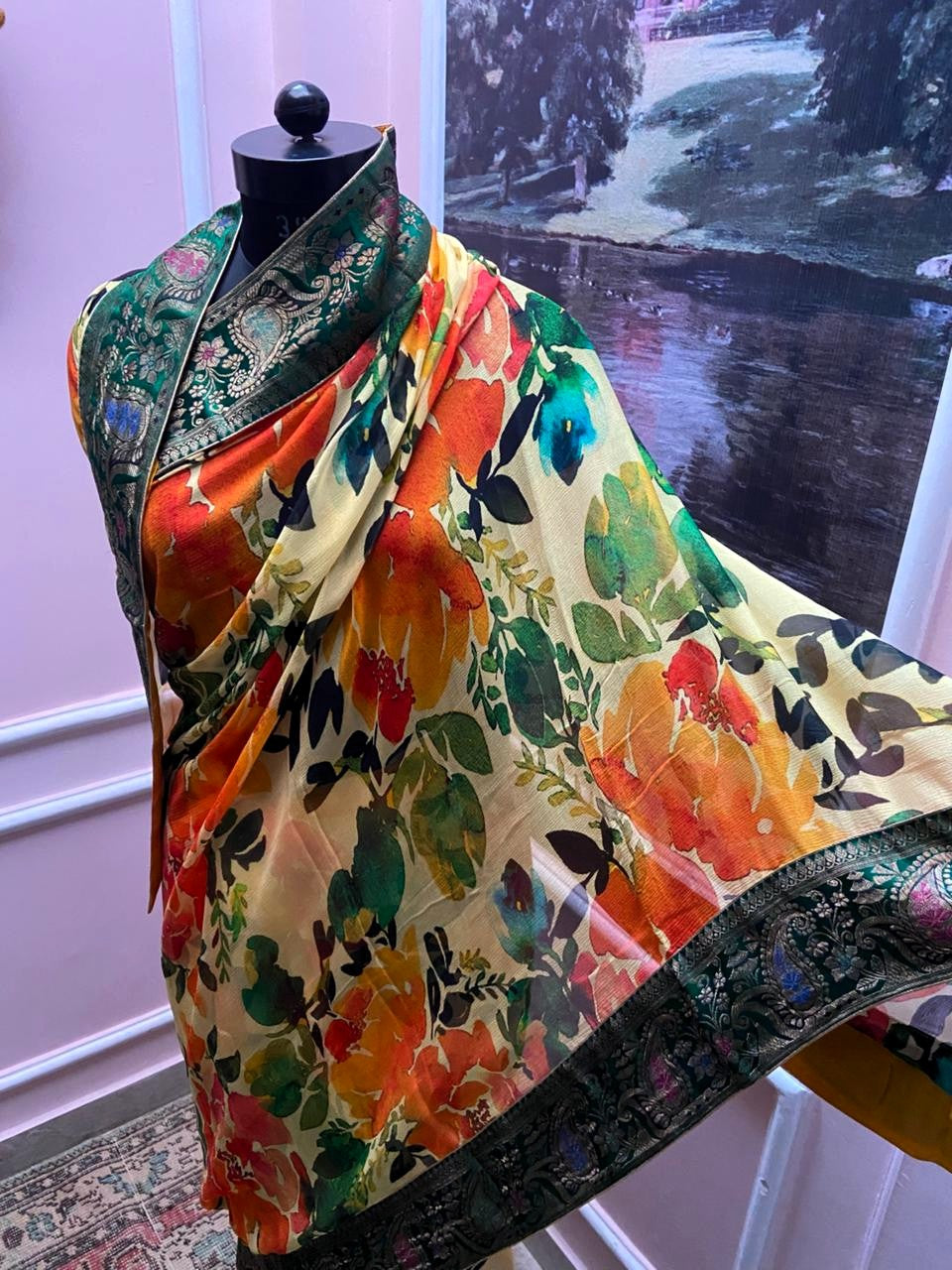 Floral Printed Antique Border Saree