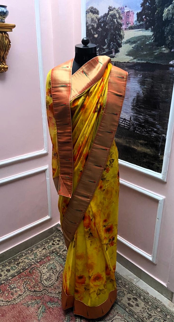 Yellow Floral Printed Antique Border Saree