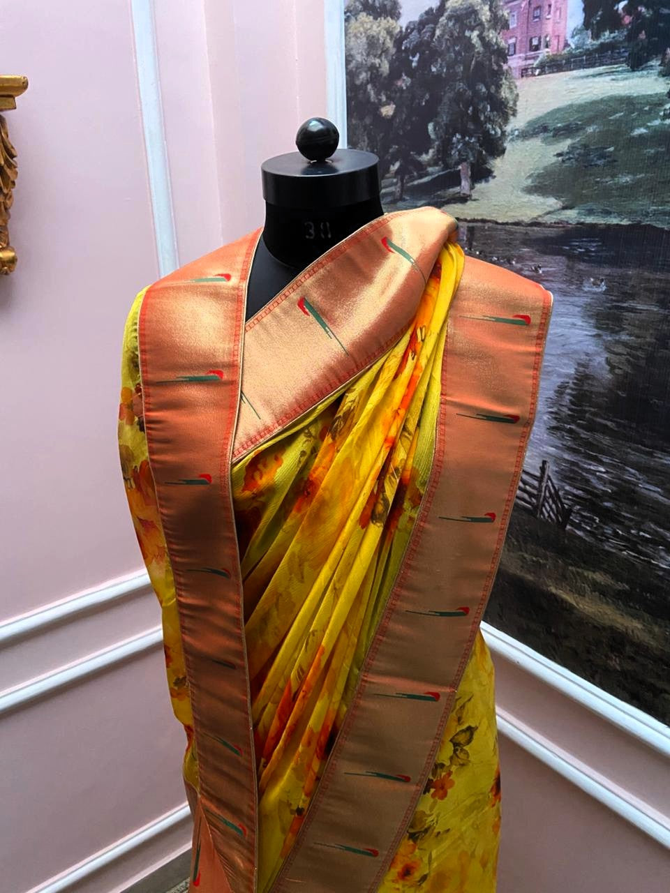 Yellow Floral Printed Antique Border Saree