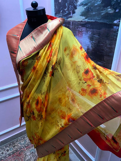 Yellow Floral Printed Antique Border Saree
