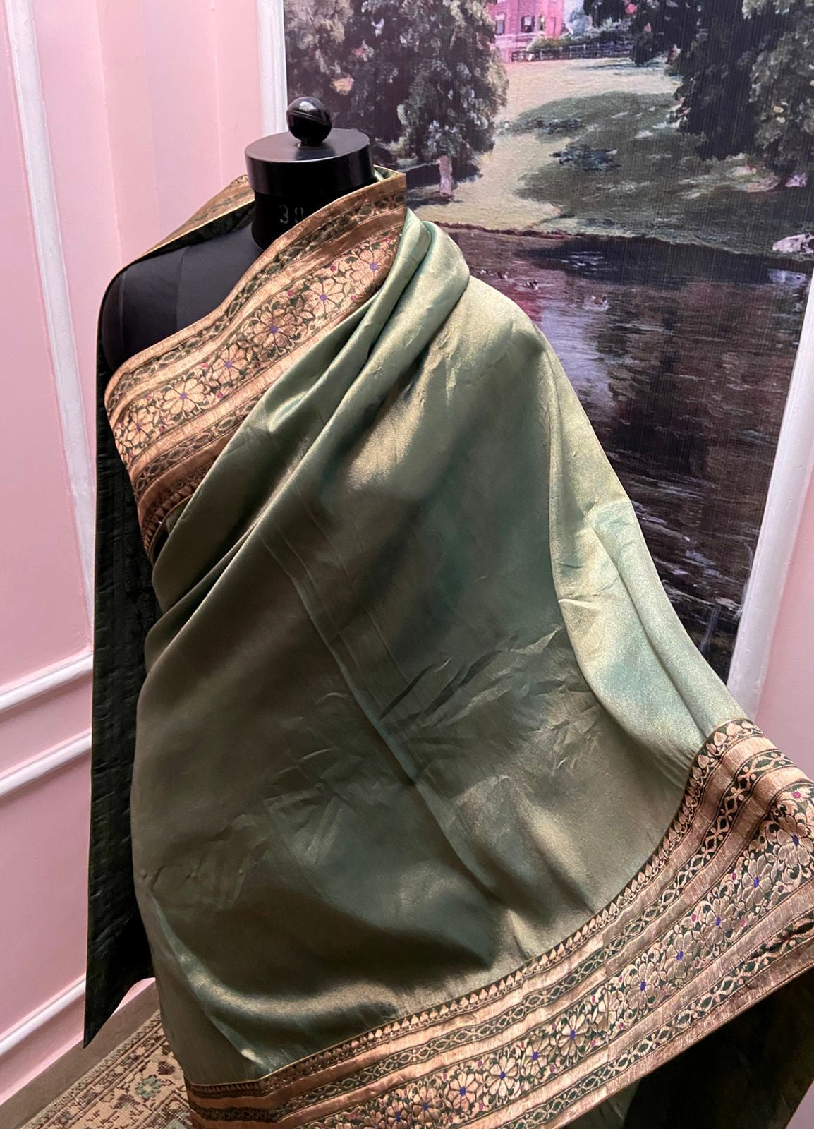 Royal Sage Green Antique Border Saree