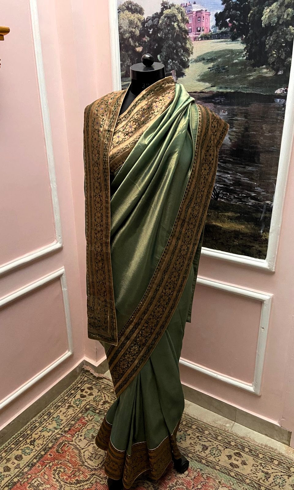 Royal Sage Green Antique Border Saree