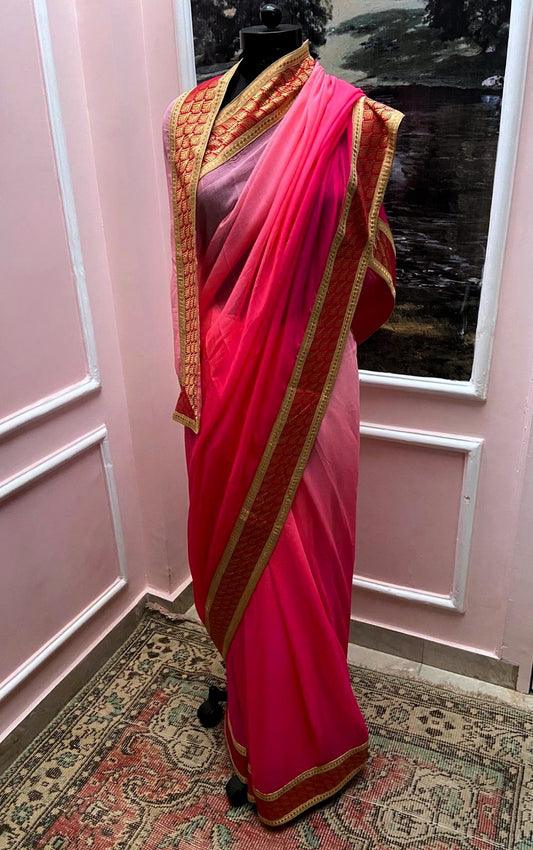 Pink Ombre Antique Border Saree