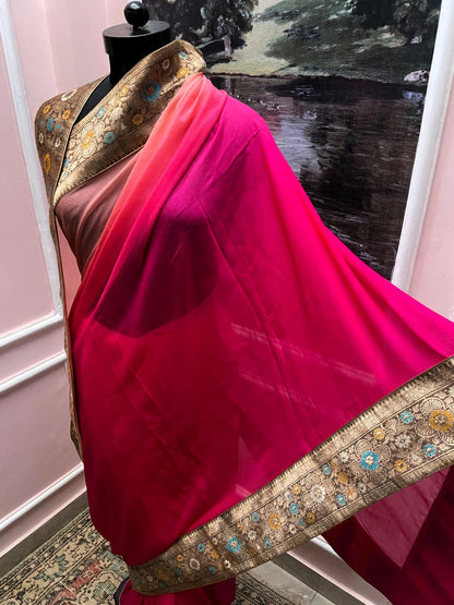 Pink Rani Shaded Antique Border Saree