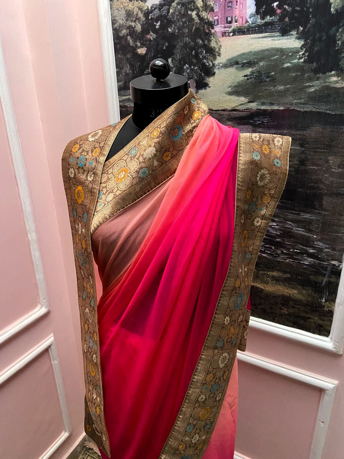 Pink Rani Shaded Antique Border Saree